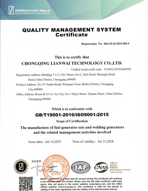 Porcellana Chongqing Lianwai Technology Co., Ltd. Certificazioni