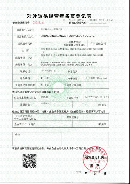 Porcellana Chongqing Lianwai Technology Co., Ltd. Certificazioni